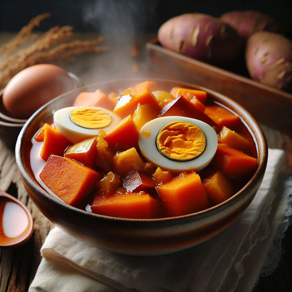 Boiled yam served with a spiced egg and tomato stew