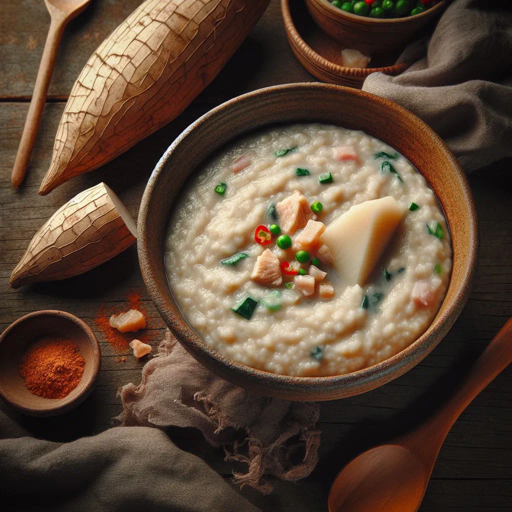 Bowl of Ghanaian yam porridge garnished with fresh herbs
