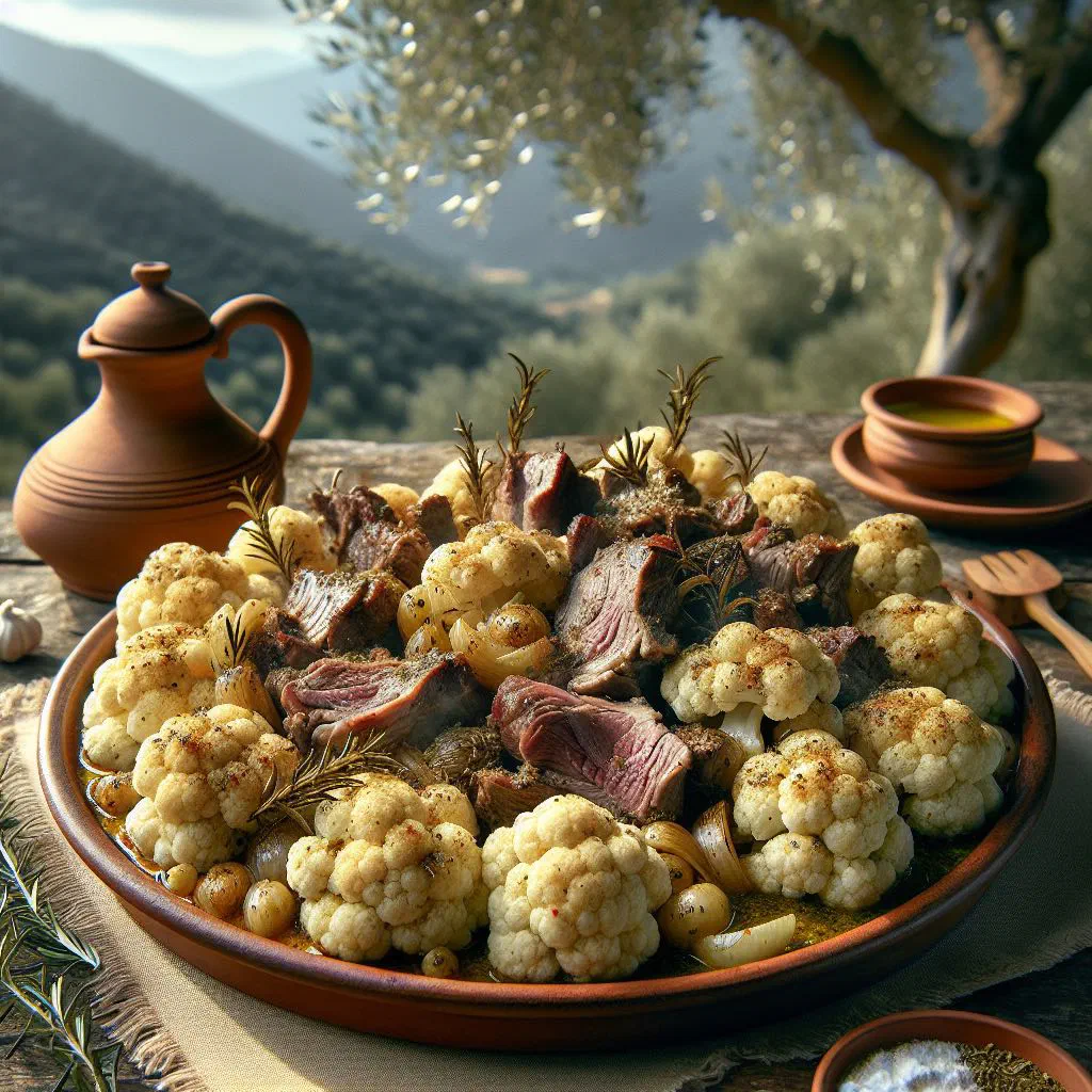Tender braised lamb with cauliflower in a Greek herb sauce