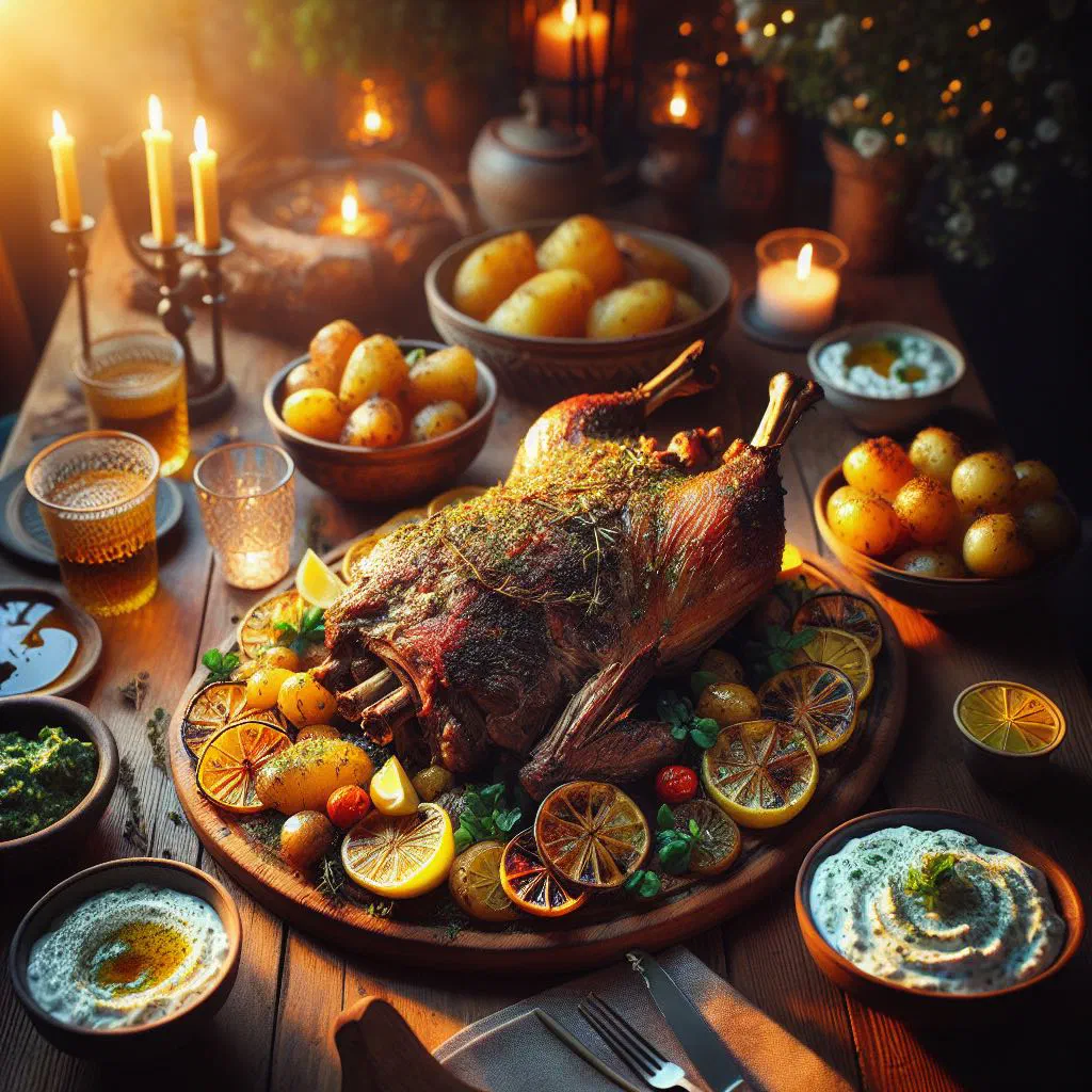 Slow-roasted Greek lamb garnished with fresh herbs and lemon