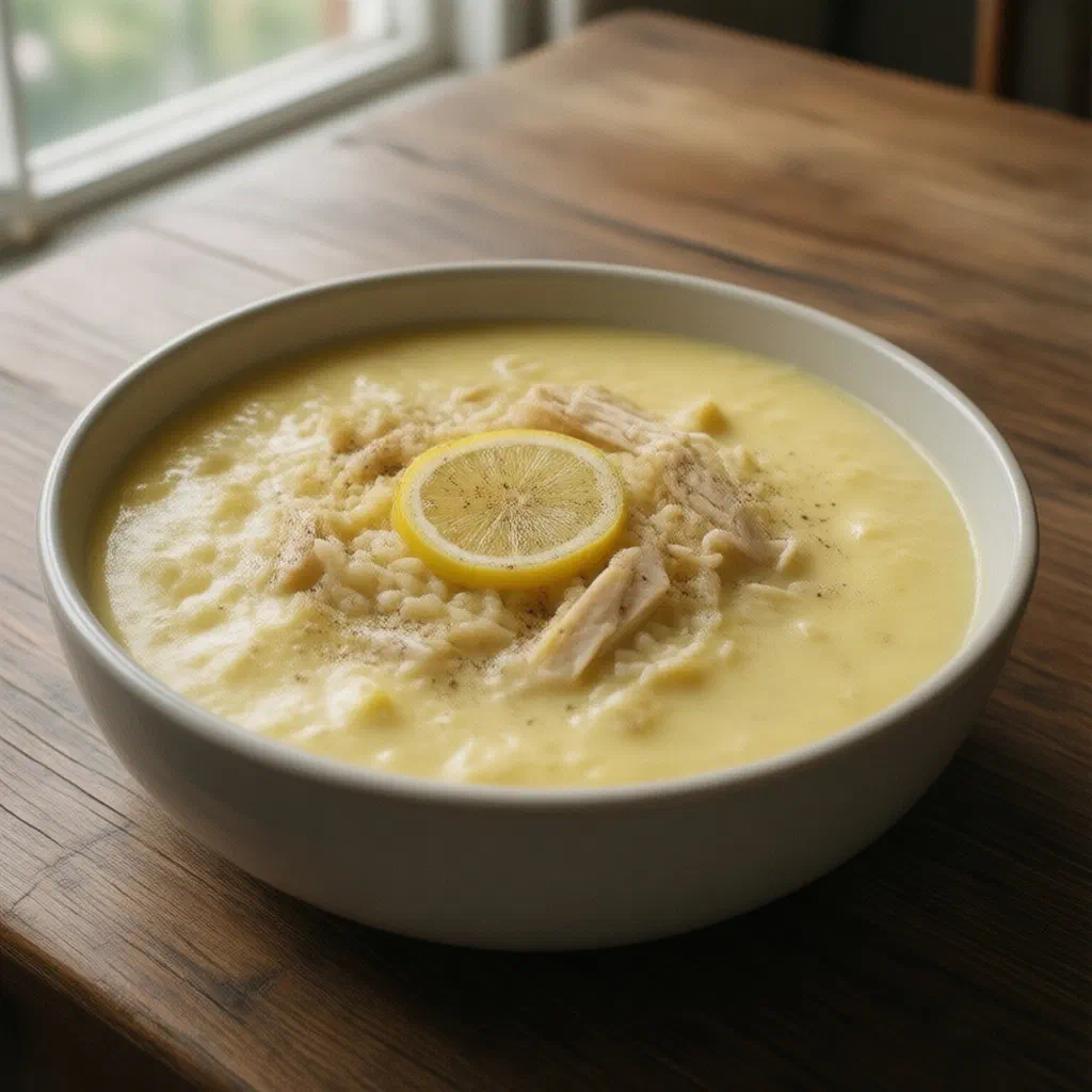 A bowl of creamy avgolemono egg-lemon soup garnished with fresh parsley