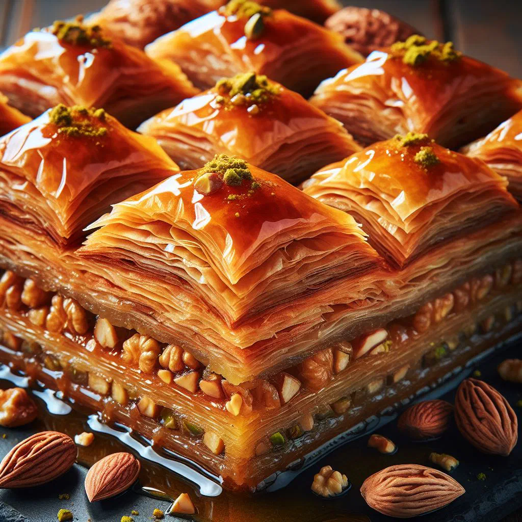 Golden baklava cut into diamonds, glistening with honey syrup and topped with chopped nuts