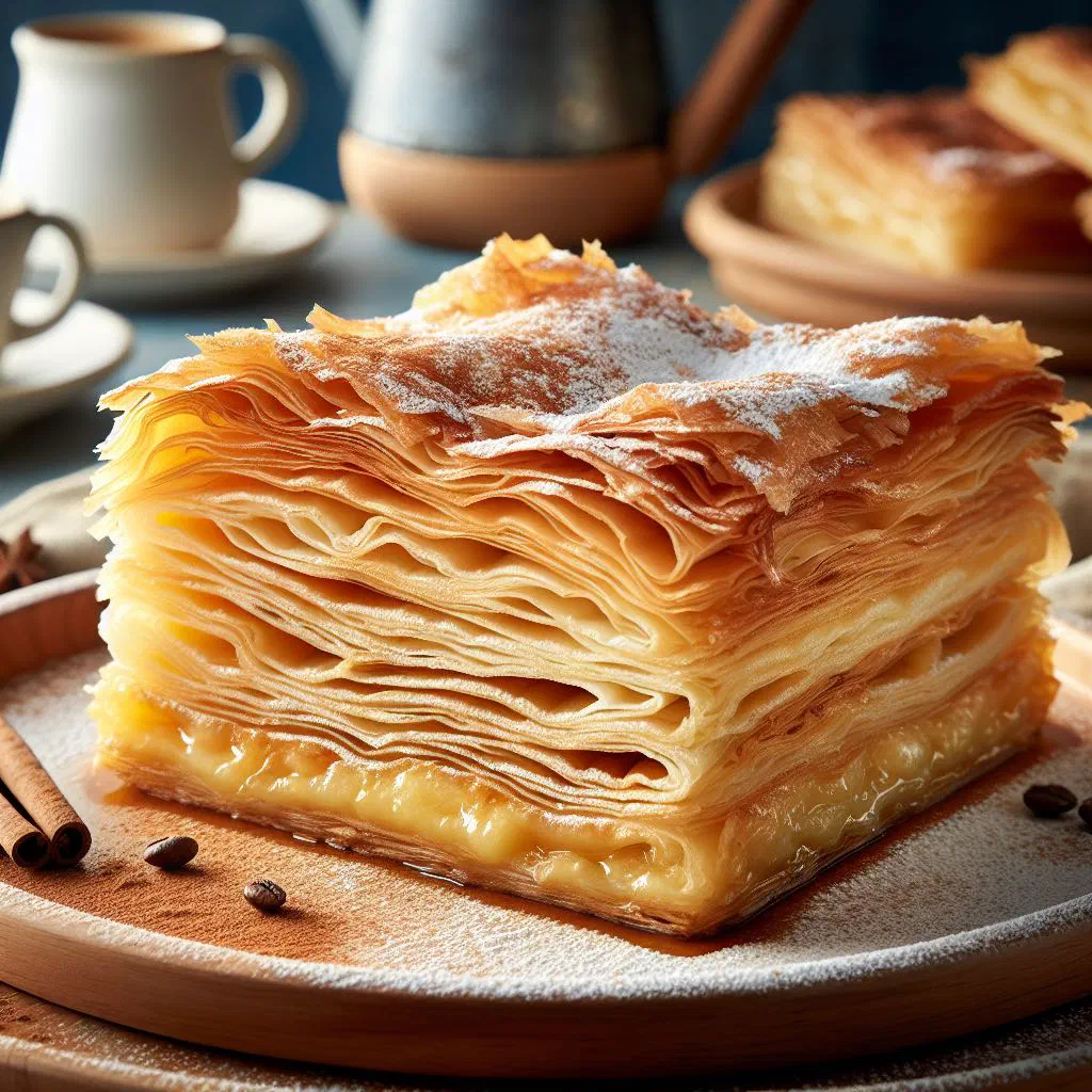Golden bougatsa pastry dusted with icing sugar, cut into squares