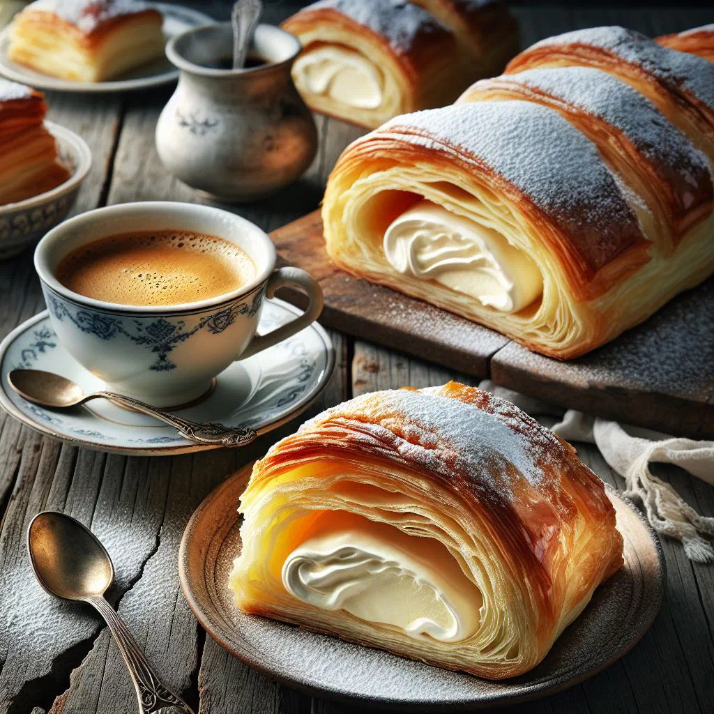 Golden bougatsa pastry filled with vanilla custard, dusted with icing sugar