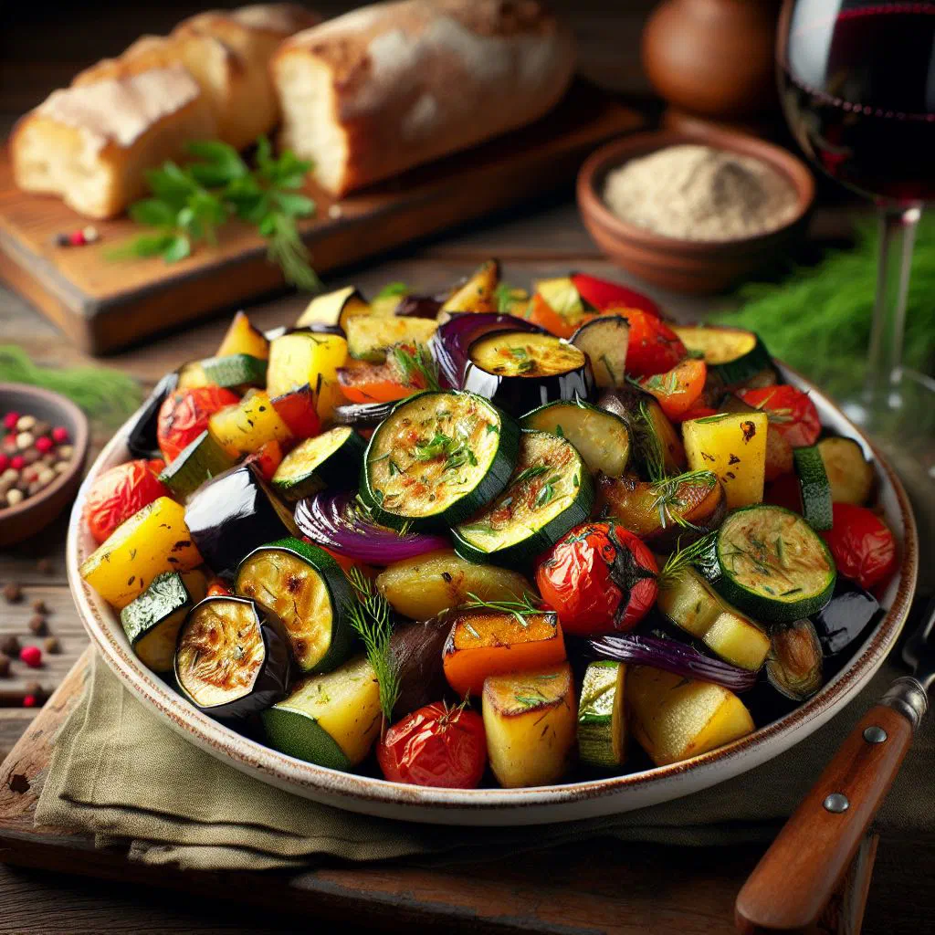 Greek briam with roasted courgette, aubergine, potato and tomato in olive oil