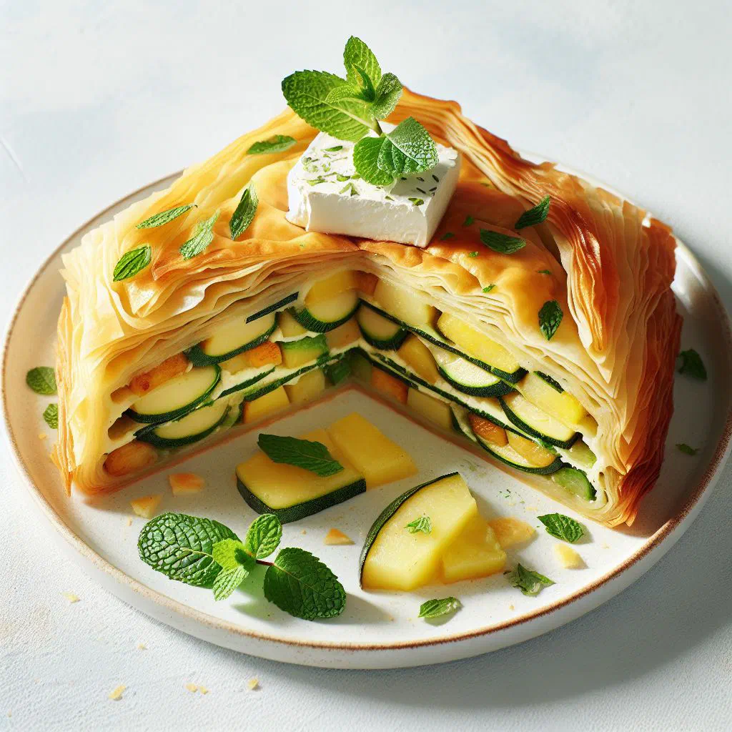 Golden baked Chaniotiko Boureki with crisp filo and a courgette and potato filling