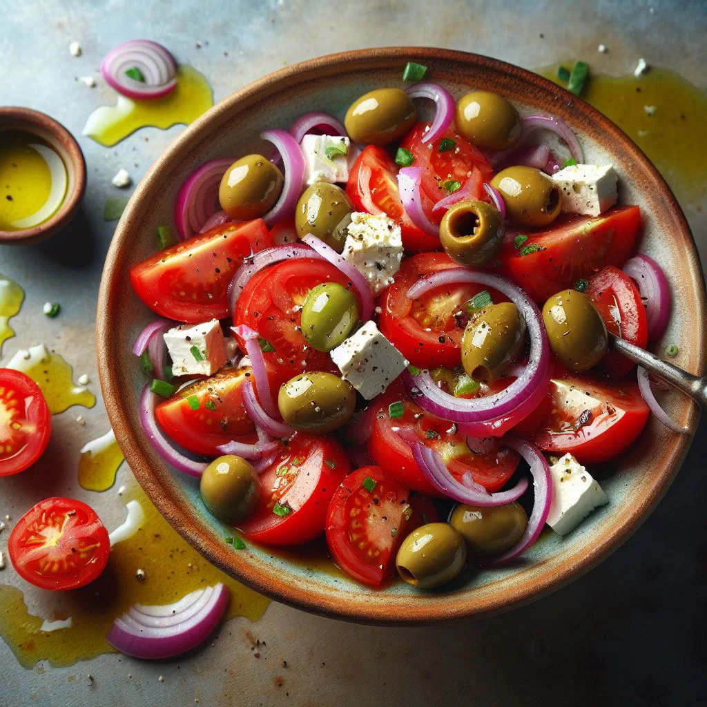Greek Chatzis salad with tomatoes, cucumber, red onion and crumbled feta