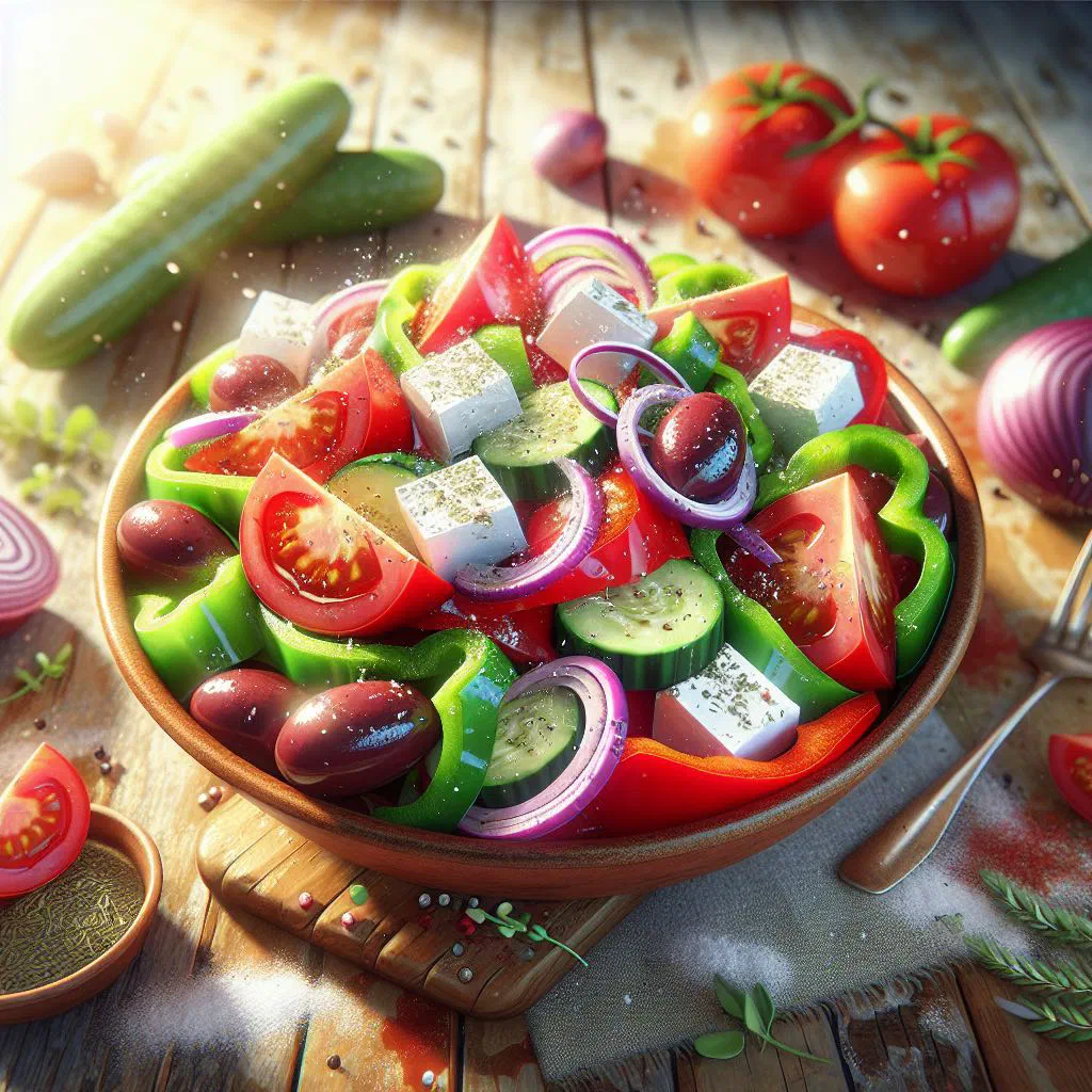 Choriatiki meze with tomatoes, cucumber, red onion, Kalamata olives and feta
