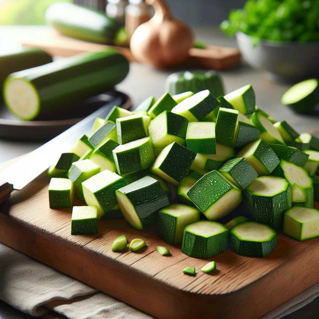 Pan-fried courgette cubes scattered with fresh mint leaves