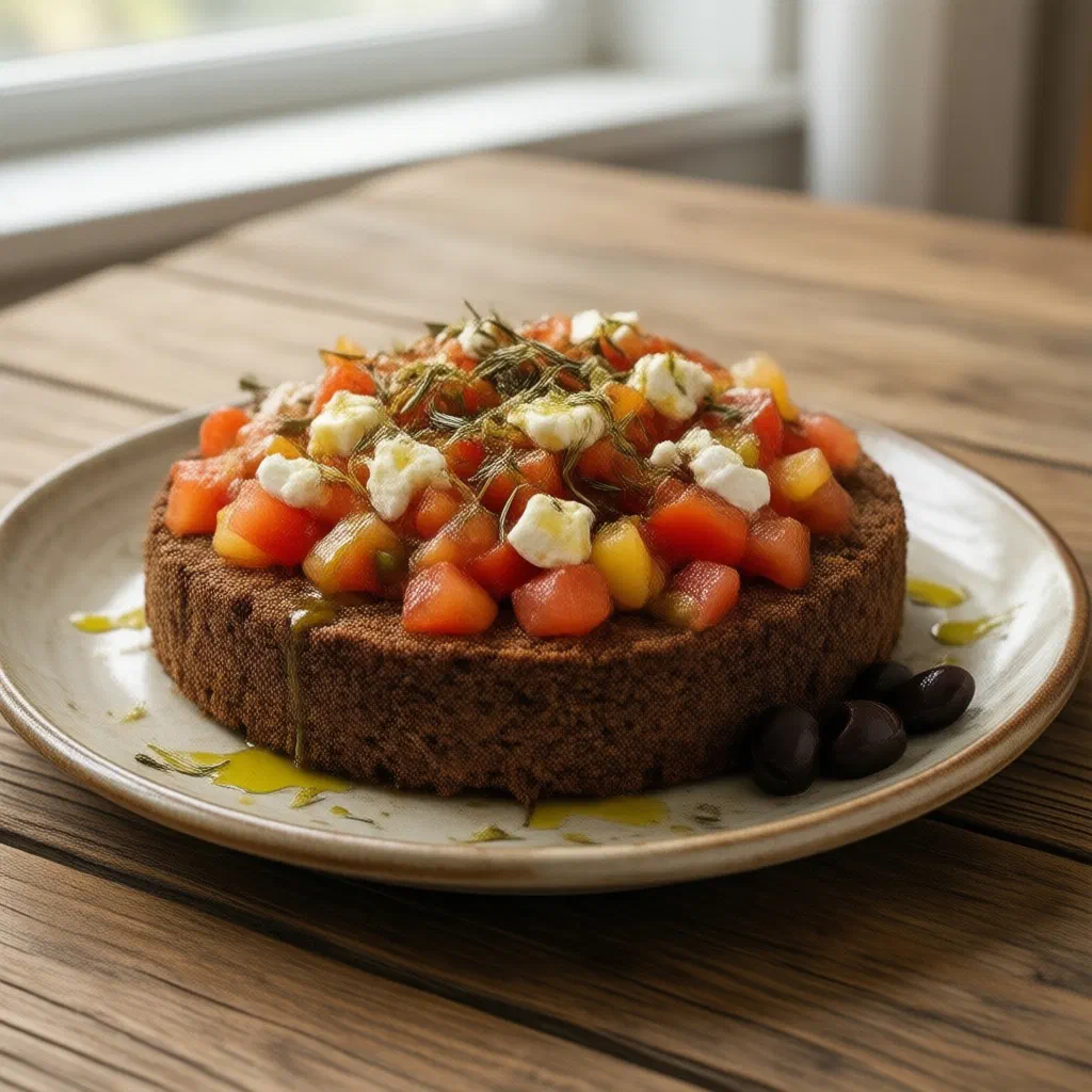 Dakos topped with diced tomatoes, crumbled feta, olives and oregano on a barley rusk