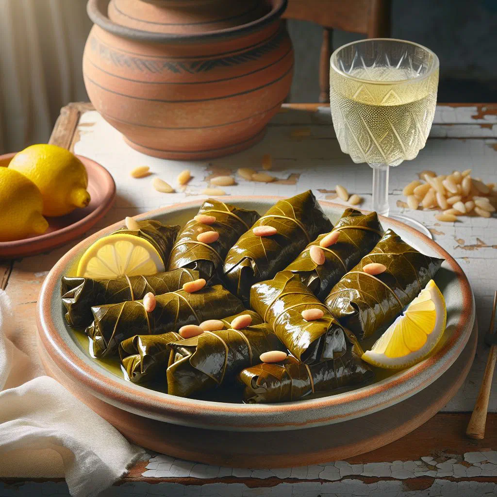 Dolmadakia stuffed vine leaves with rice, garnished with lemon
