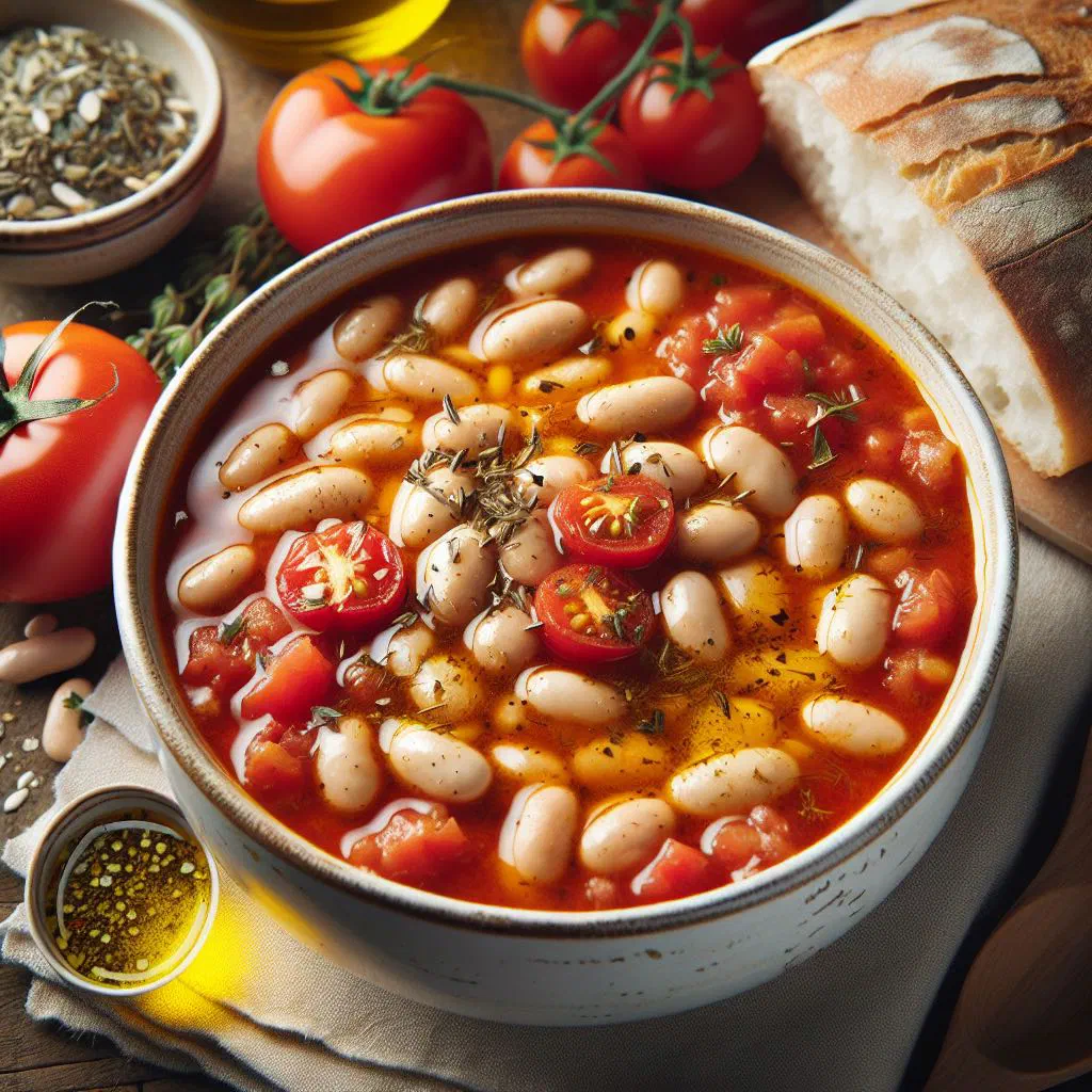 A rustic bowl of Fasolada Kokkinisti bean stew garnished with fresh parsley
