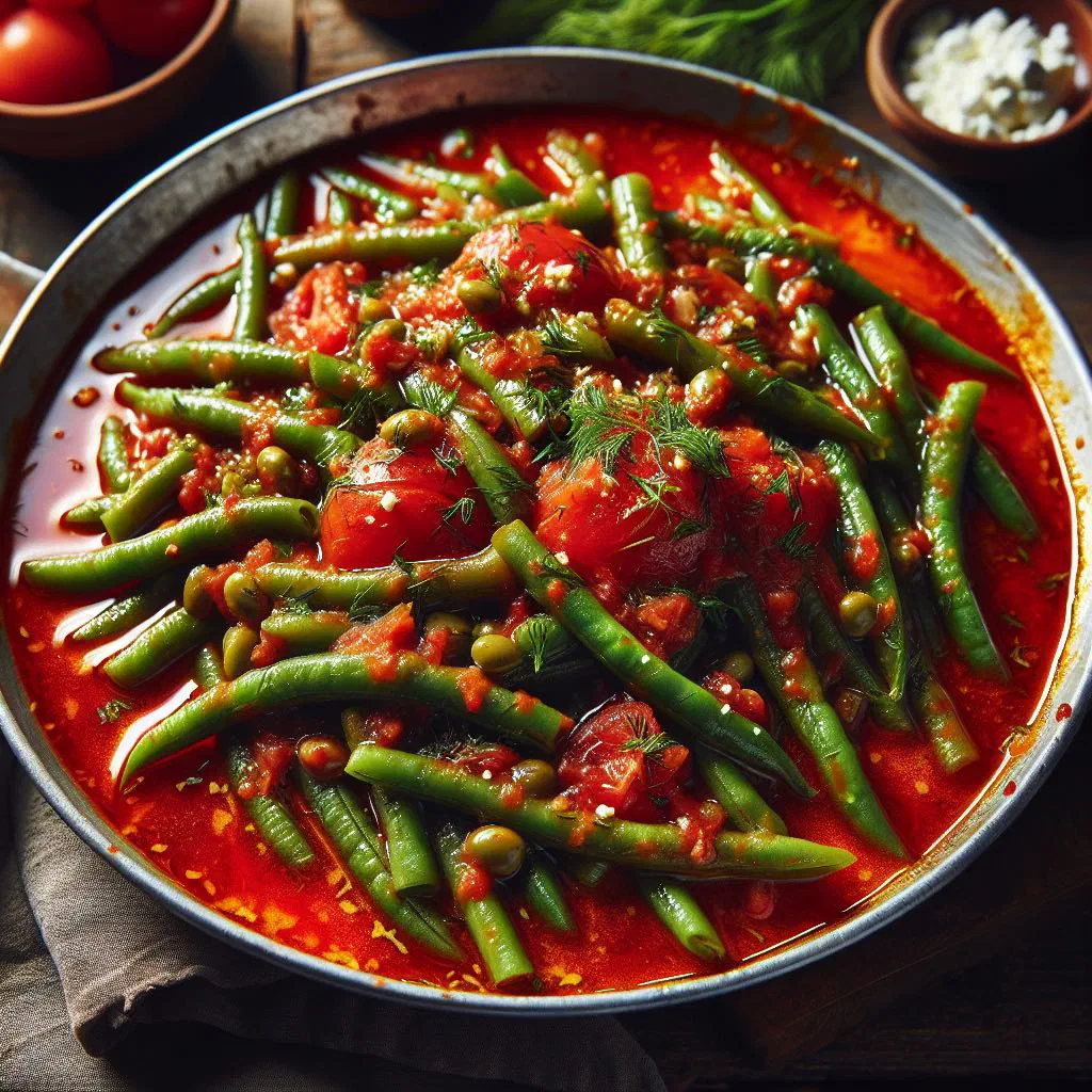 Braised green beans in tomato and olive oil sauce, garnished with parsley