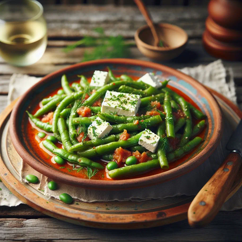 Greek fasolakia of braised green beans in a tomato and olive oil sauce