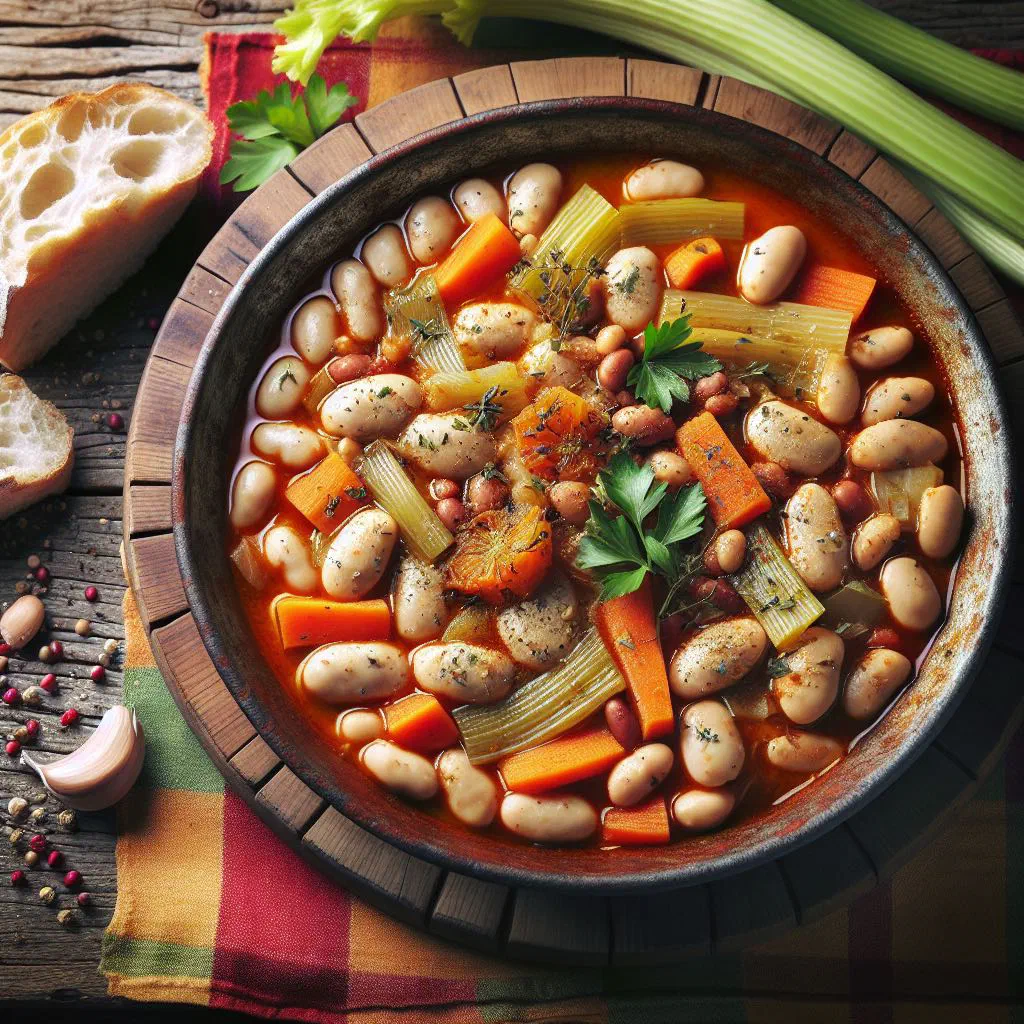 Greek fasolia gigantes, giant beans baked in tomato sauce with herbs