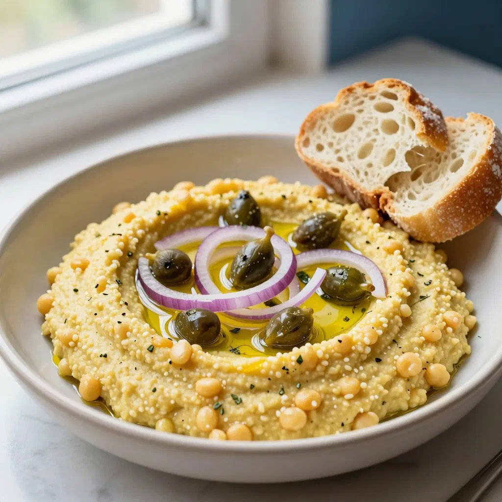 Creamy yellow split pea fava drizzled with olive oil and herbs