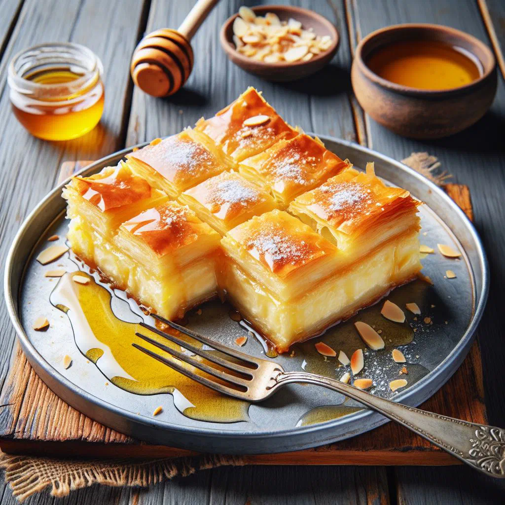 Golden squares of galaktoboureko with crisp filo and creamy semolina custard