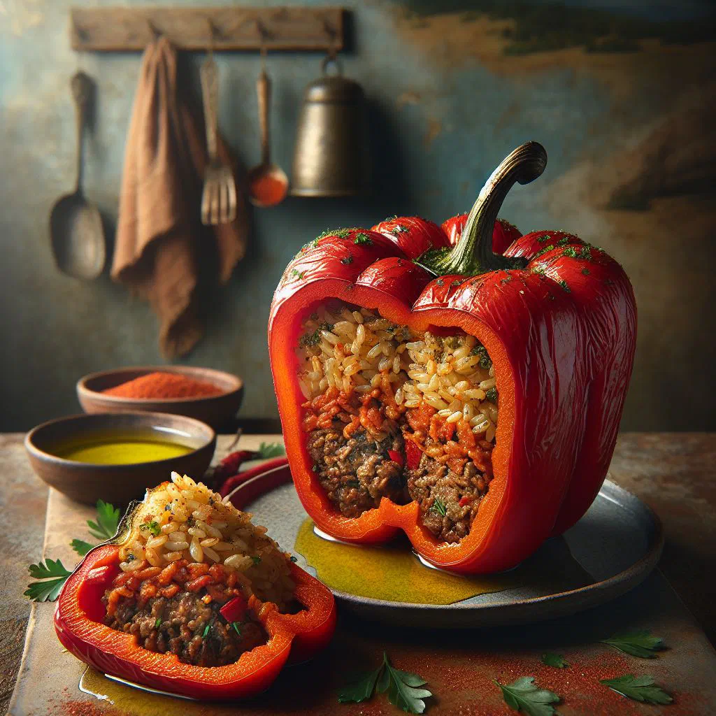 Stuffed peppers with rice and herbs, baked in the Greek style