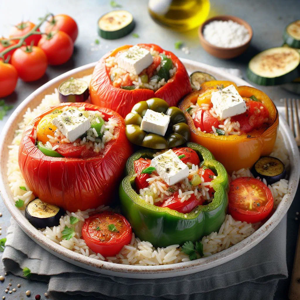 Baked Greek gemista — tomatoes and peppers stuffed with herbed rice