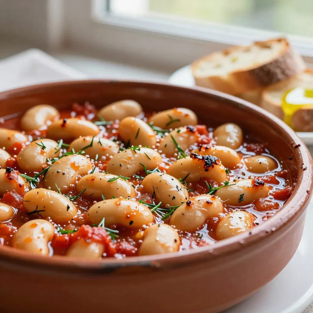 Giant baked beans in tomato sauce garnished with fresh herbs