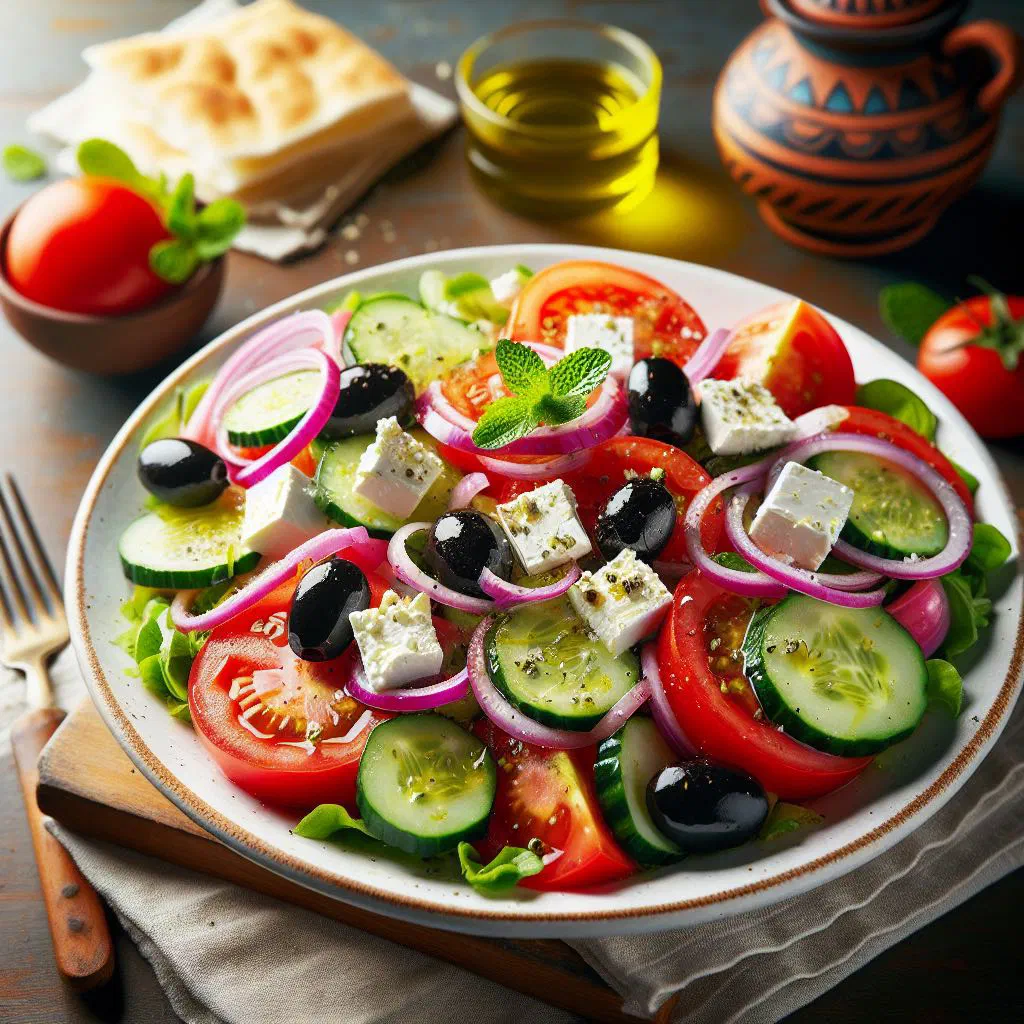 Greek salad with tomatoes, cucumber, red onion, olives and a slab of feta