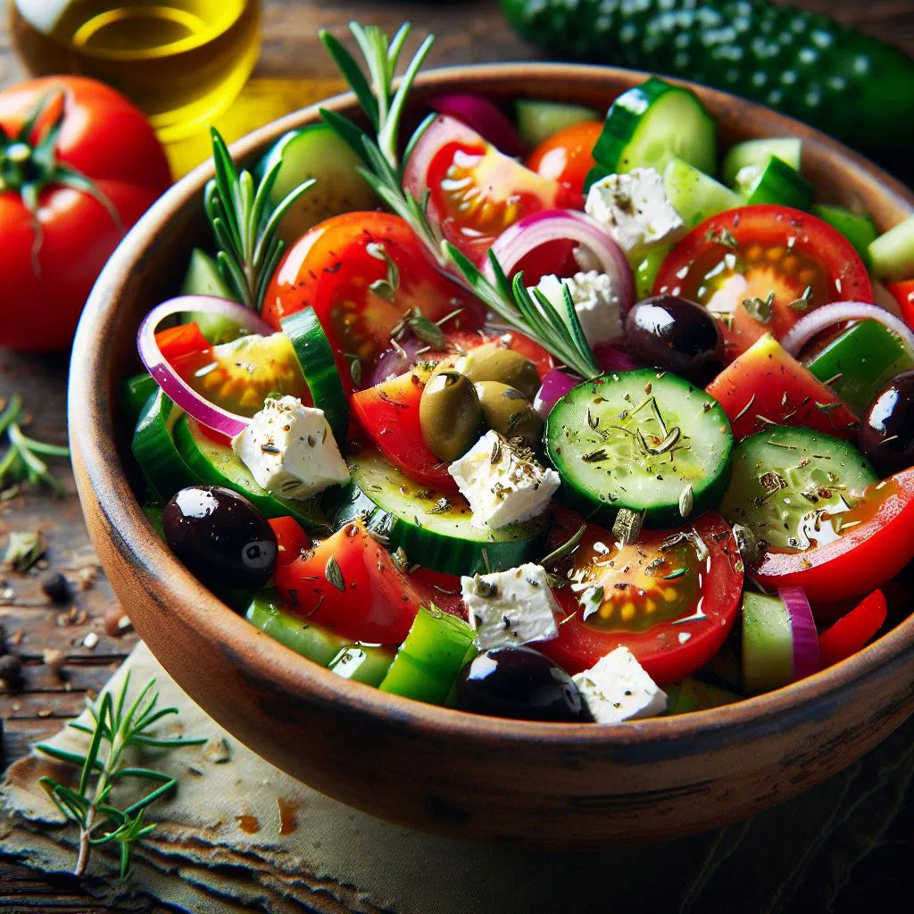 Greek salad with feta, tomatoes, cucumber and Kalamata olives in a bowl
