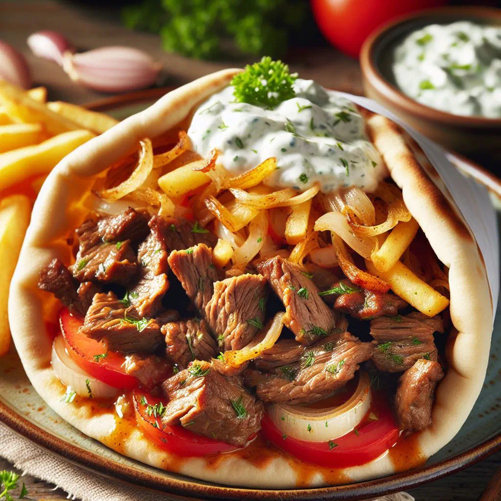 Gyros pita wrap filled with grilled meat, fresh vegetables and tzatziki