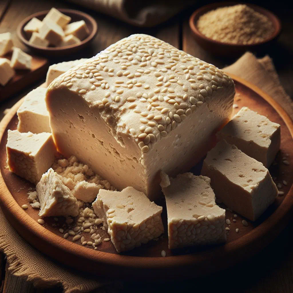 Slices of golden Greek semolina halva topped with toasted nuts