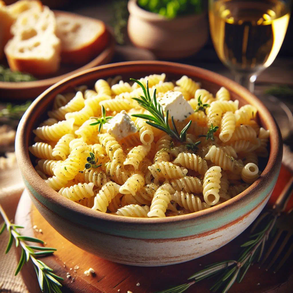 Greek hilopites kritharaki pasta topped with crumbled feta and oregano
