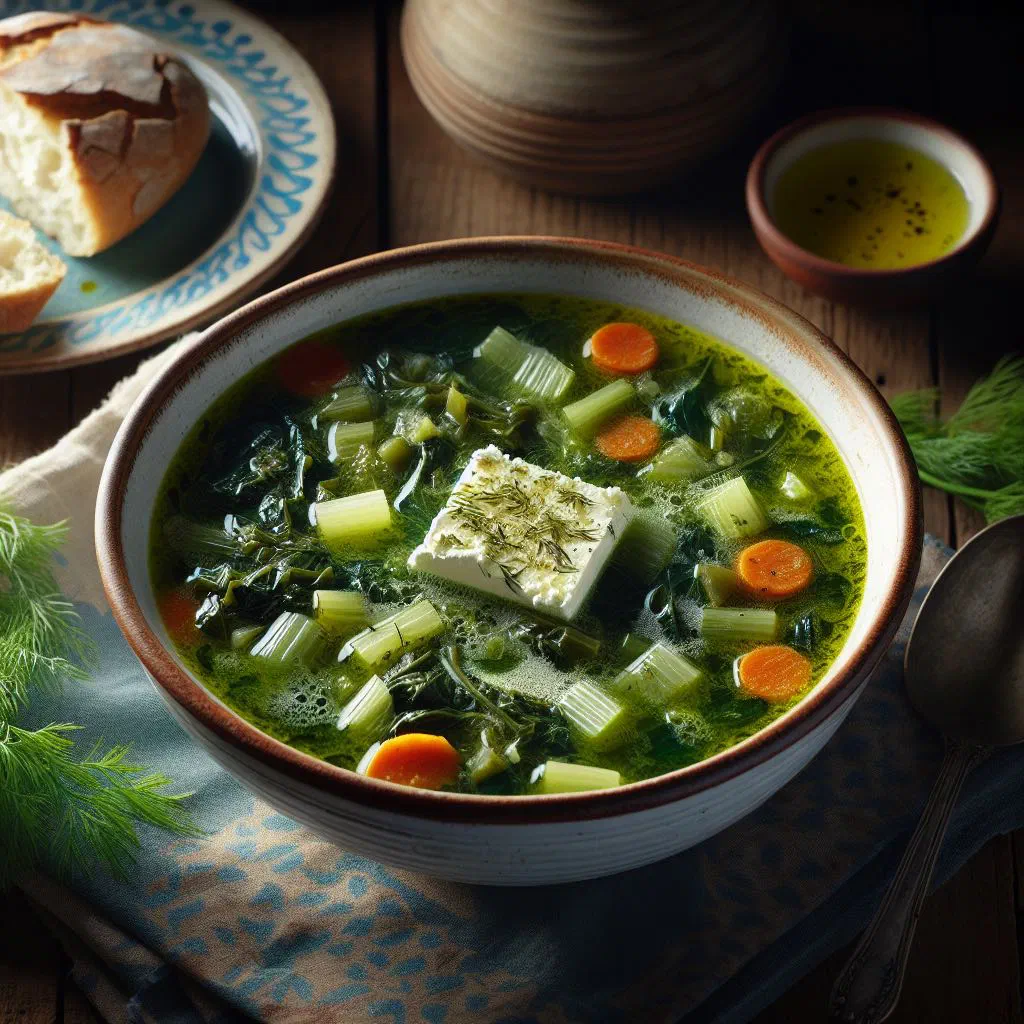 Bowl of Greek hortosoupa vegetable soup garnished with fresh parsley and olive oil