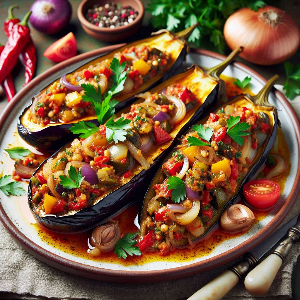 Stuffed aubergines with tomato, onion and parsley on a serving plate