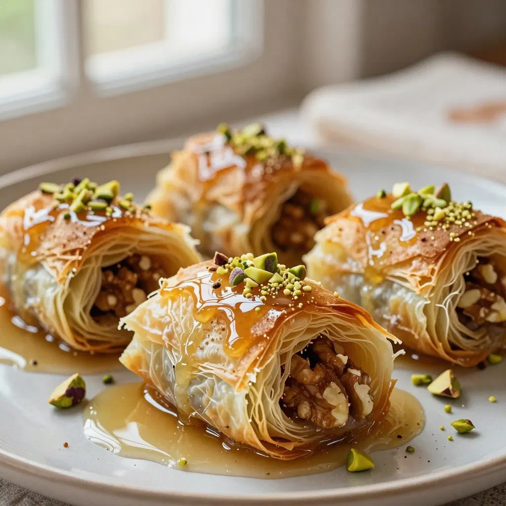 Golden kataifi rolls of crisp shredded pastry soaked in syrup