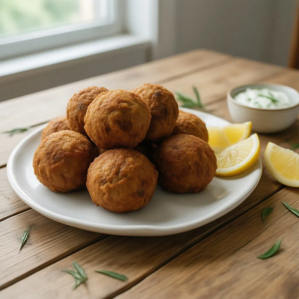 Golden-fried Greek keftedes meatballs served with lemon wedges