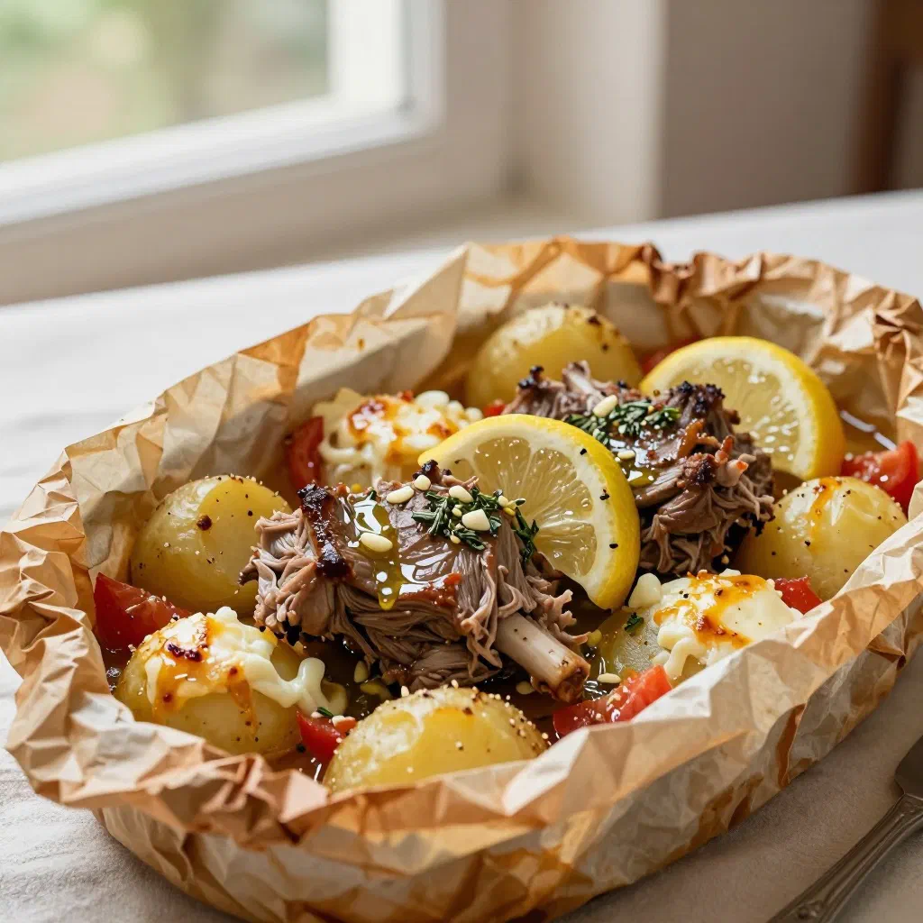 Slow-roasted Greek kleftiko lamb with potatoes and herbs in parchment