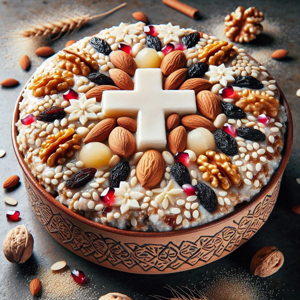Bowl of koliva with boiled wheat, nuts and dried fruit topped with mint