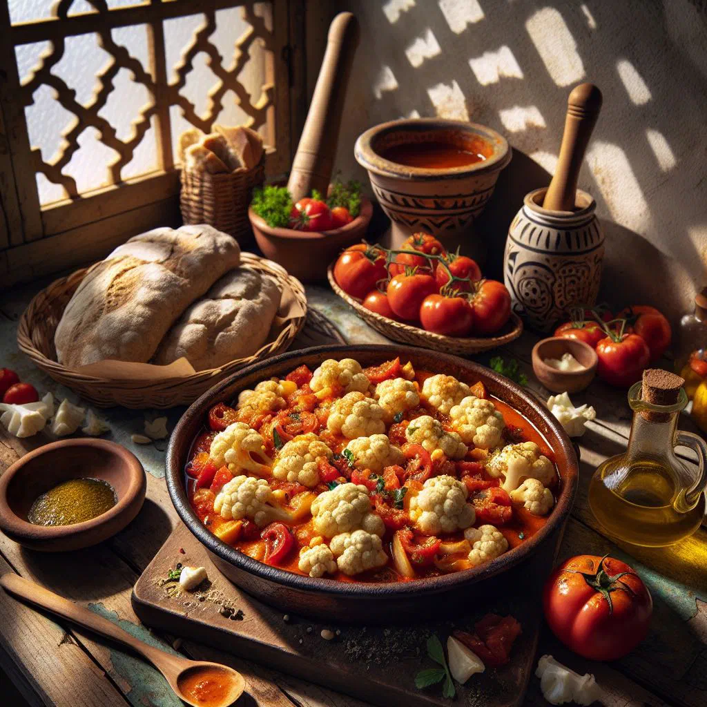 Cauliflower braised in tomato and onion sauce, garnished with parsley