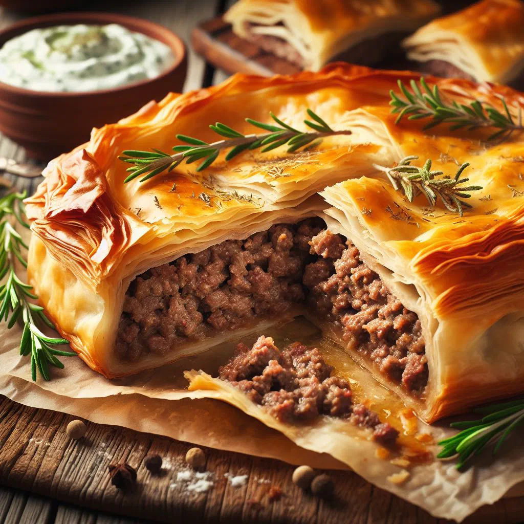Golden baked Greek kreatopita meat pie with a flaky crust
