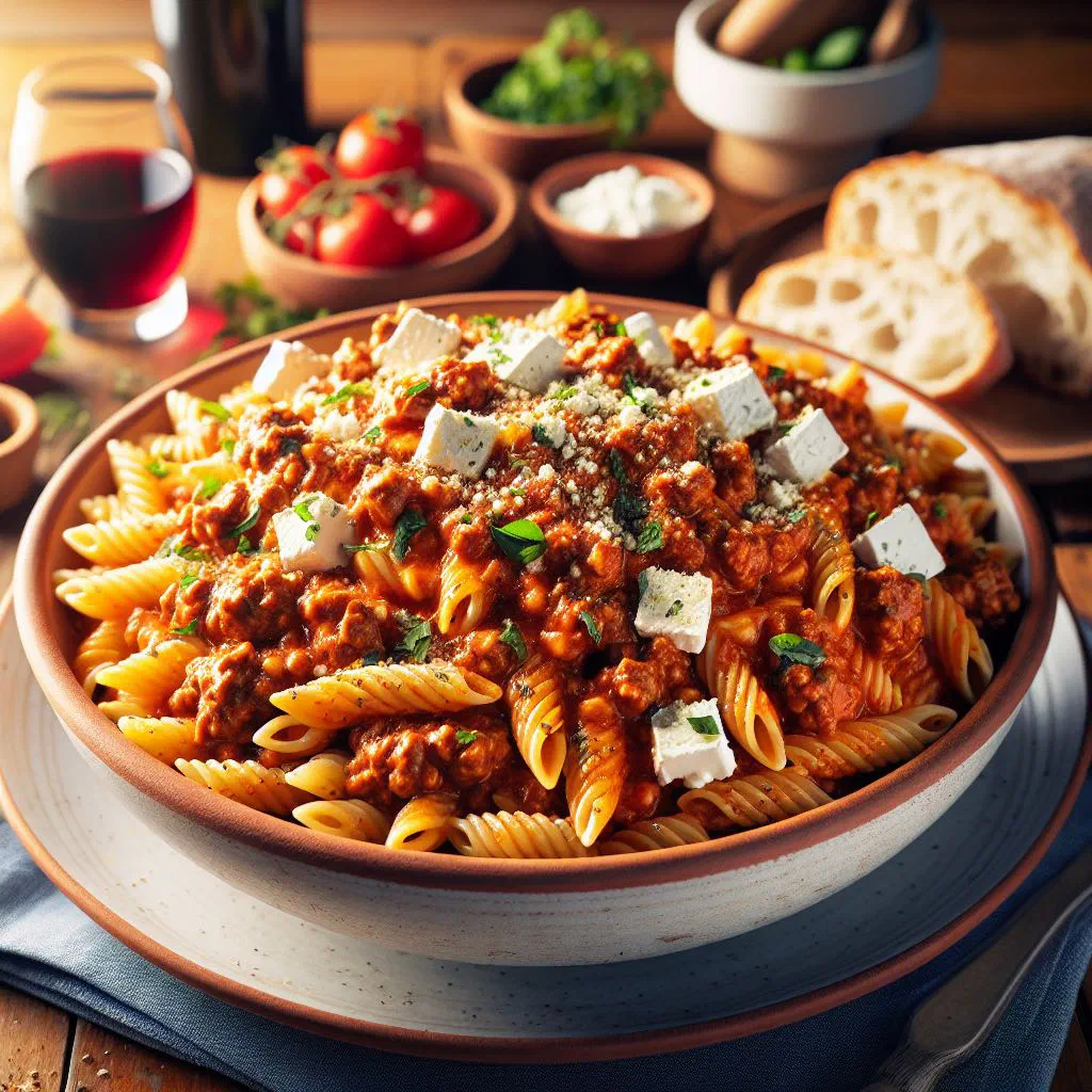 Kritharaki orzo pasta in a rich tomato mince sauce, garnished with parsley