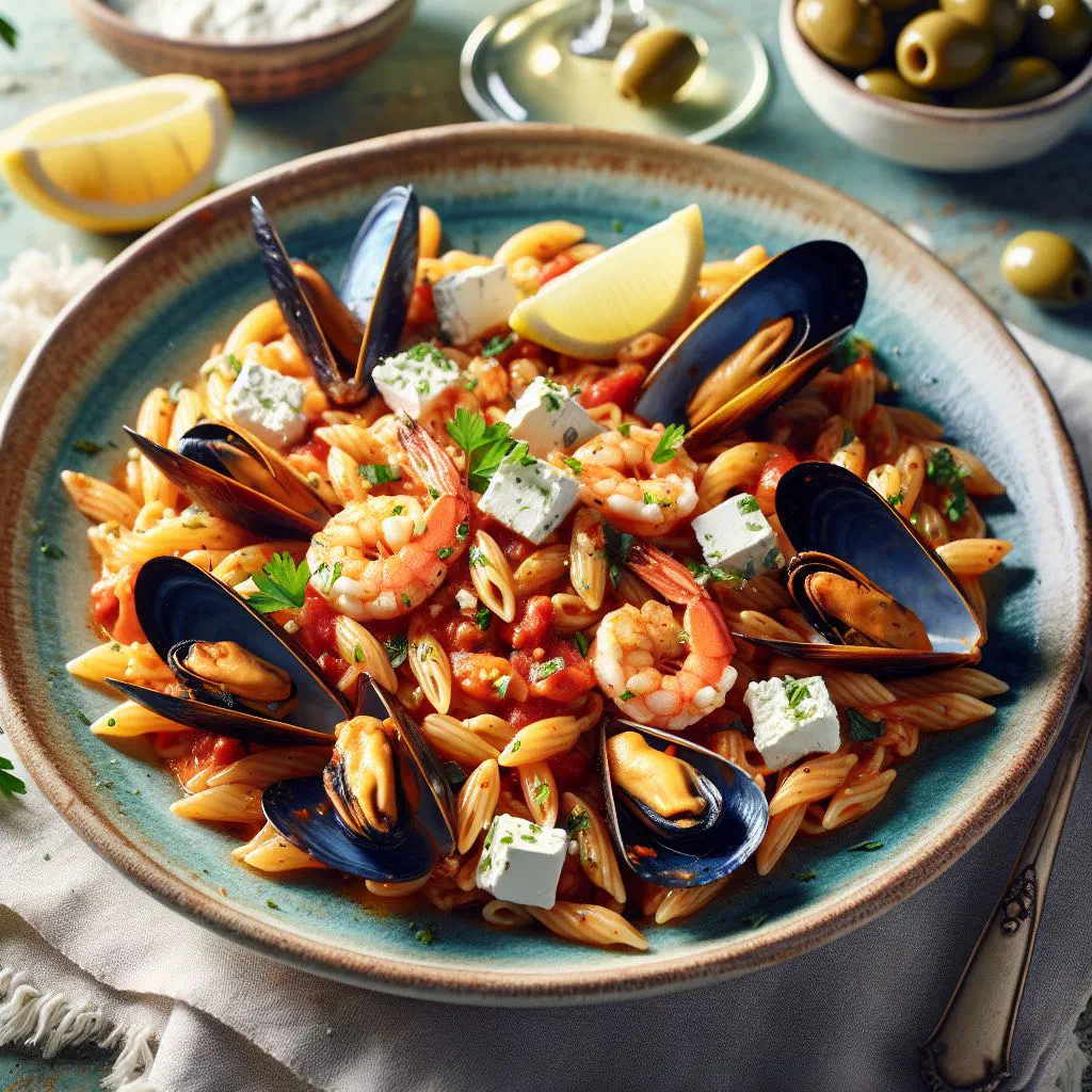 Creamy Greek orzo with seafood and fresh herbs