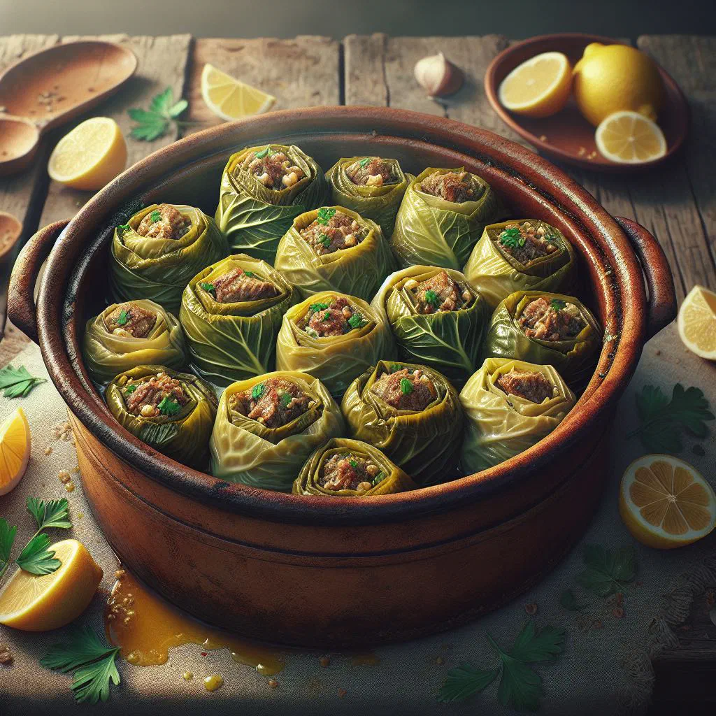 Stuffed cabbage rolls with rice and herbs in a lemon sauce