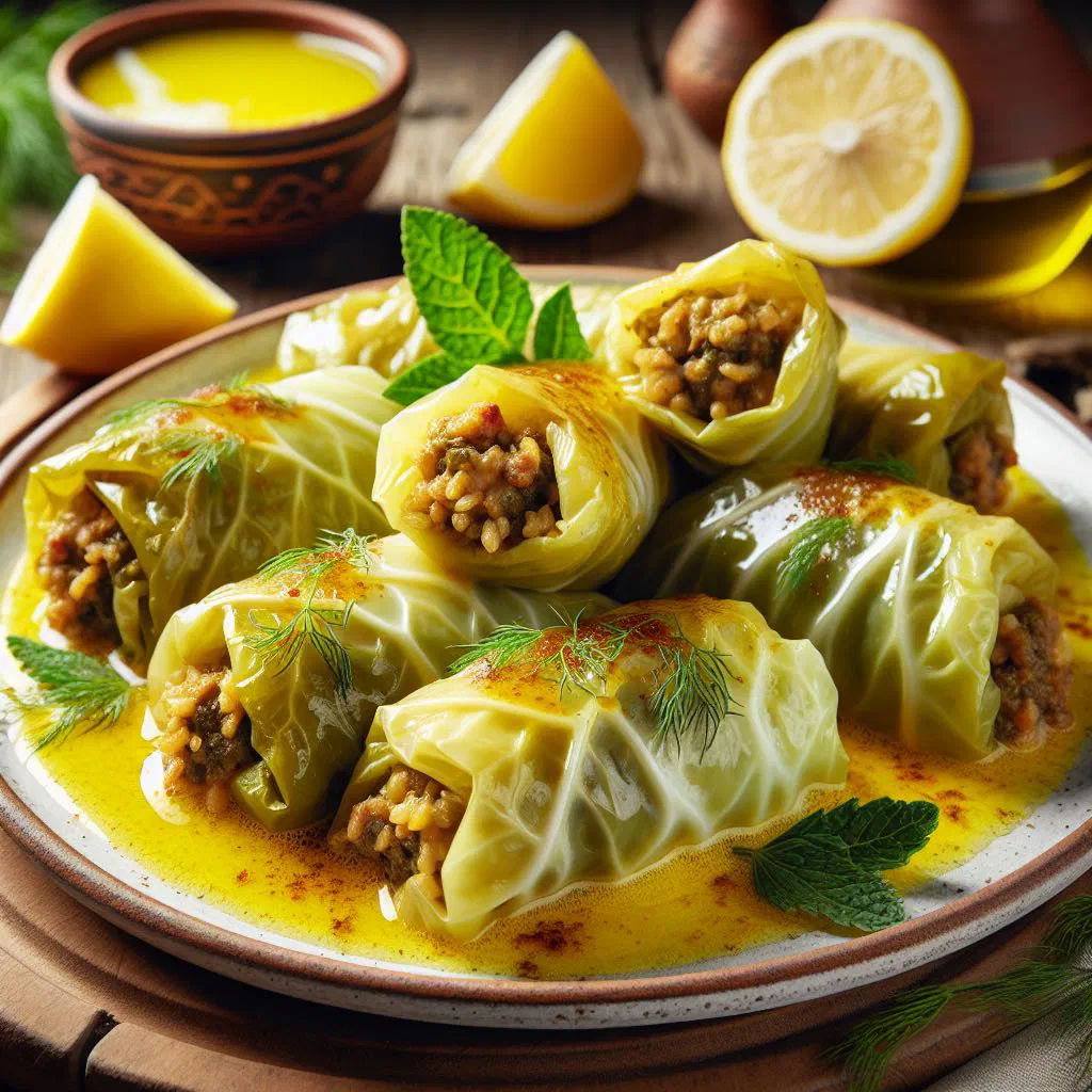 Greek lahanodolmades stuffed cabbage rolls in lemon sauce on a plate