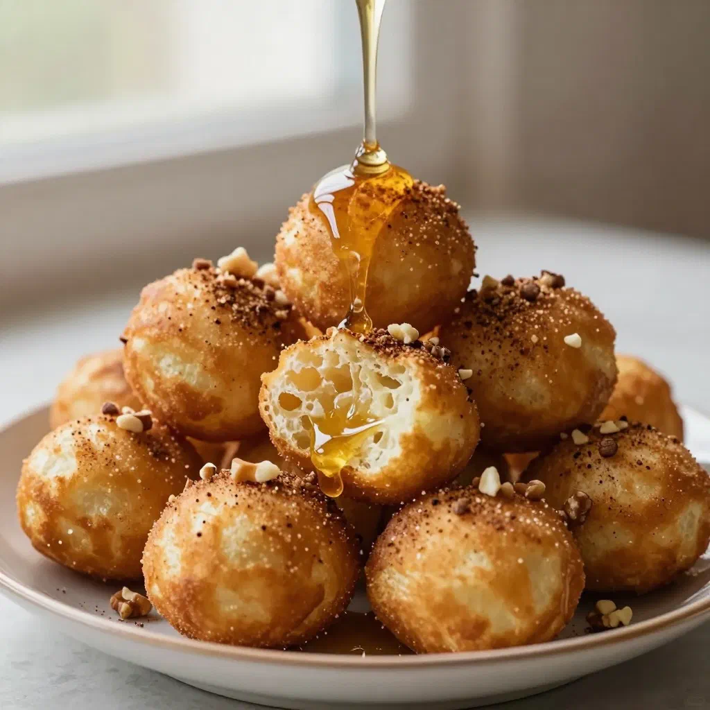 Golden loukoumades drizzled with honey and sprinkled with cinnamon and chopped nuts