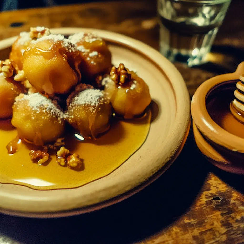 Golden loukoumades drizzled with honey and sprinkled with cinnamon and chopped nuts