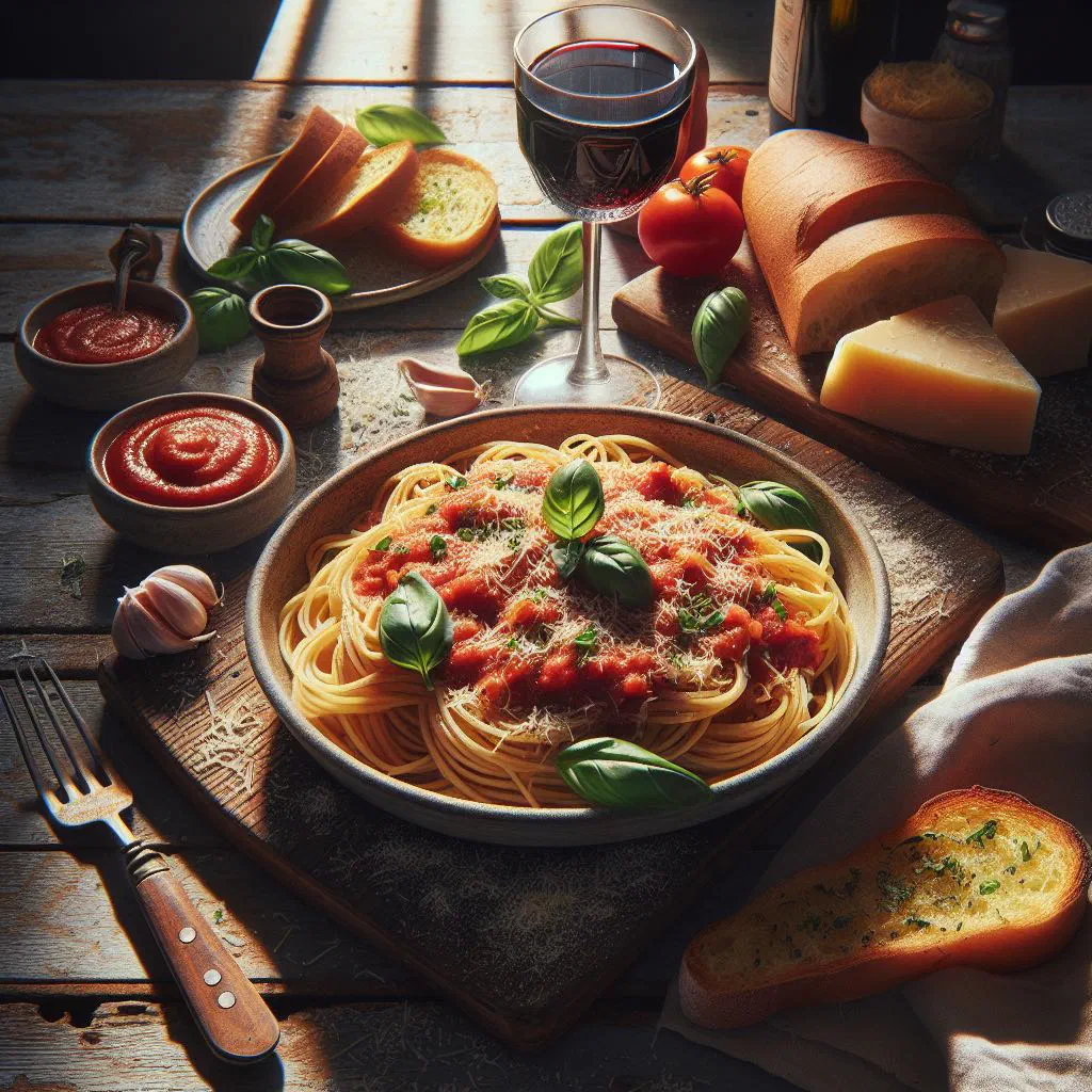 A bowl of Greek makaronada pasta in tomato sauce garnished with fresh basil