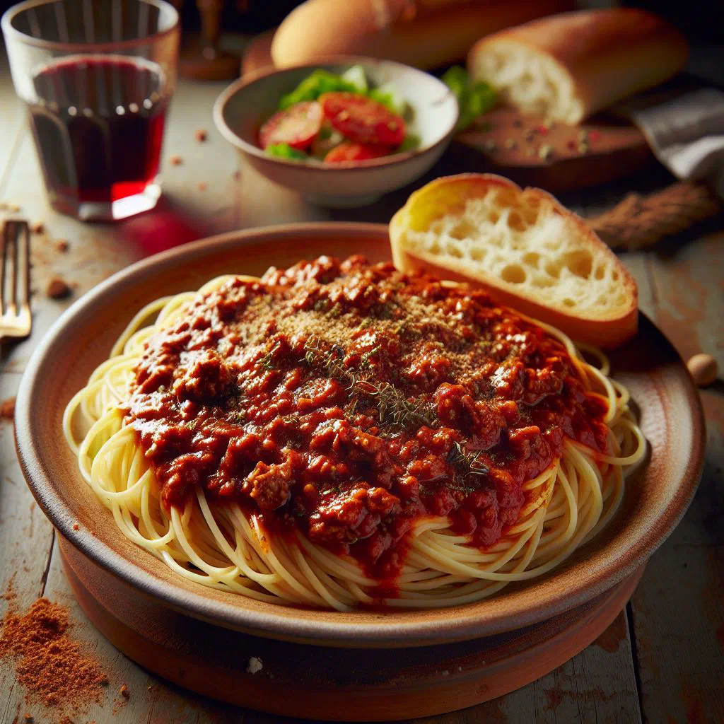 Greek makaronia me kima with spiced minced-meat tomato sauce over pasta, garnished with parsley