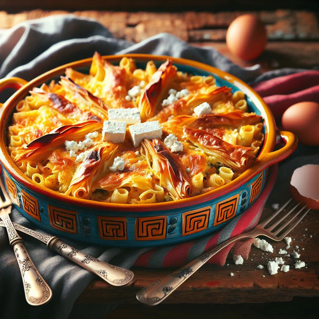 Golden-baked makaronopita with pasta and feta sliced on a plate