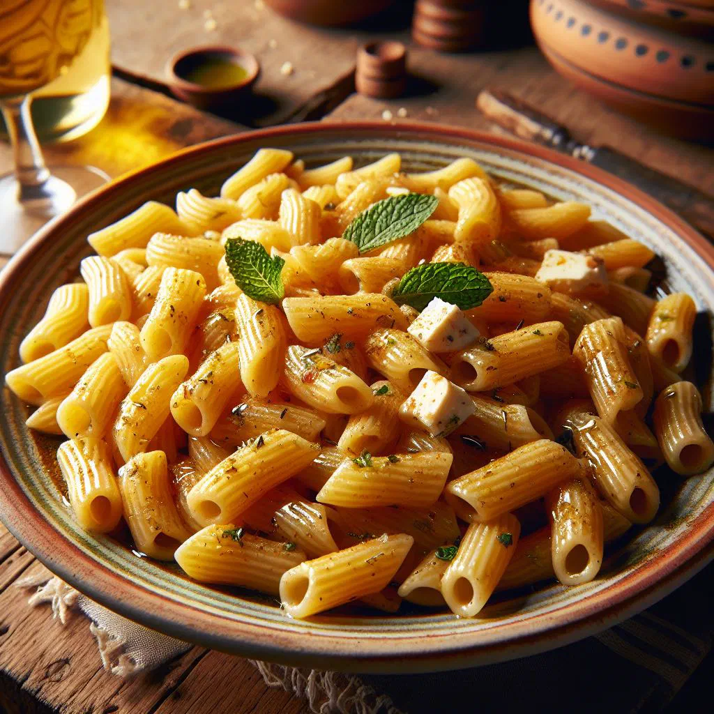 Handmade makarounes pasta topped with crumbled feta and fresh herbs