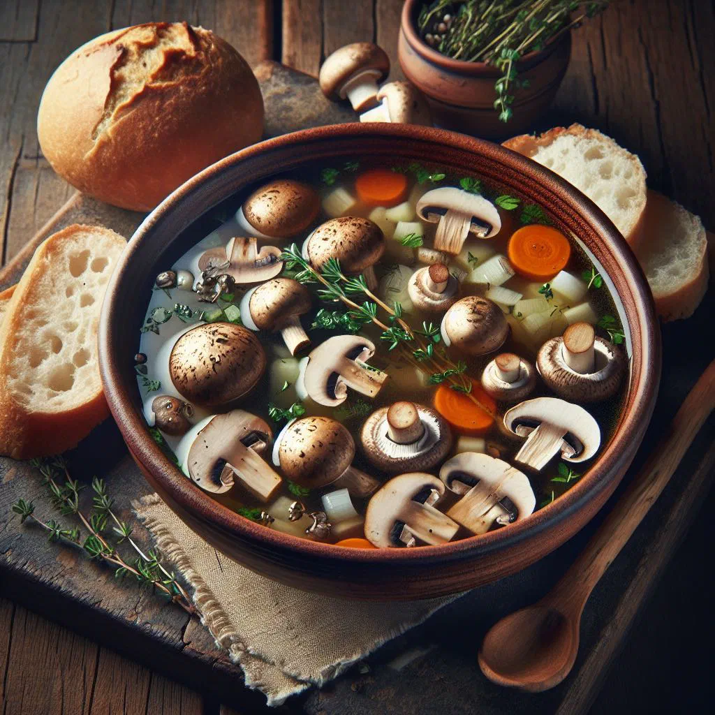 Creamy Greek mushroom soup garnished with fresh thyme