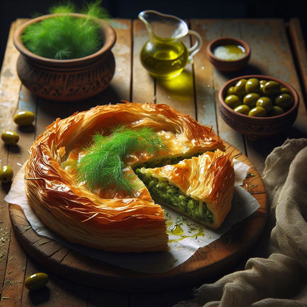 Golden baked marathopita fennel pie cut into wedges on a wooden board