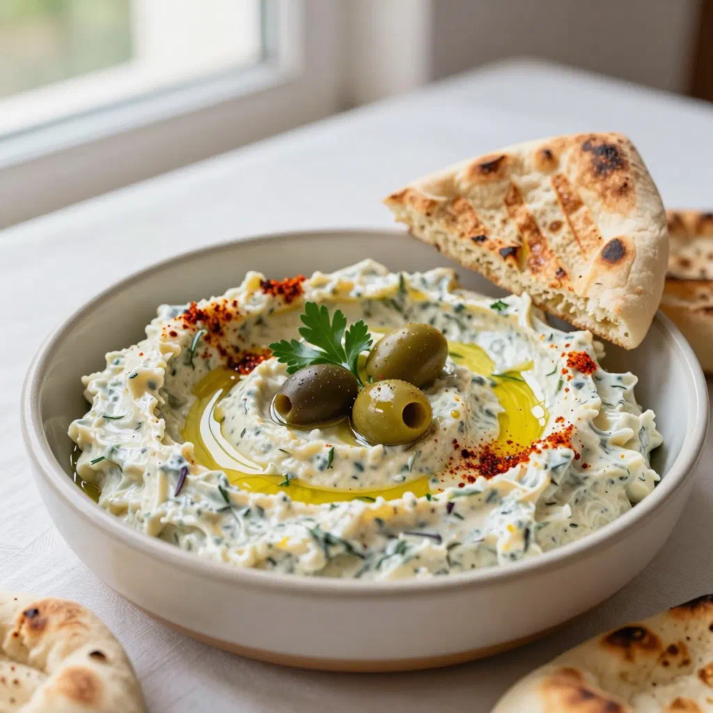 Creamy melitzanosalata aubergine dip drizzled with olive oil and garnished with parsley and olives
